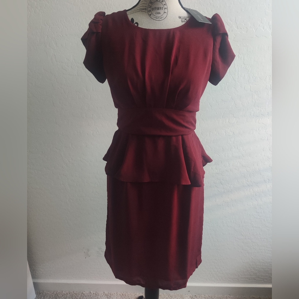 🆕 Linda Charm Red Burgundy Peplum Ruffle semi-formal wedding guest midi dress_S